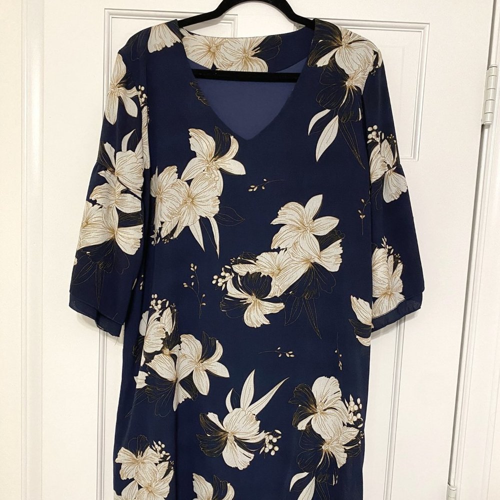Belongsci Blue Floral 3/4 Sleeve Shift Dress Size Large